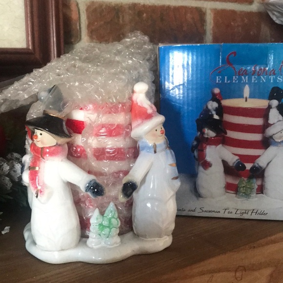 Porcelain Snowman Candy Cane Tea Light Holder - Picture 7 of 8